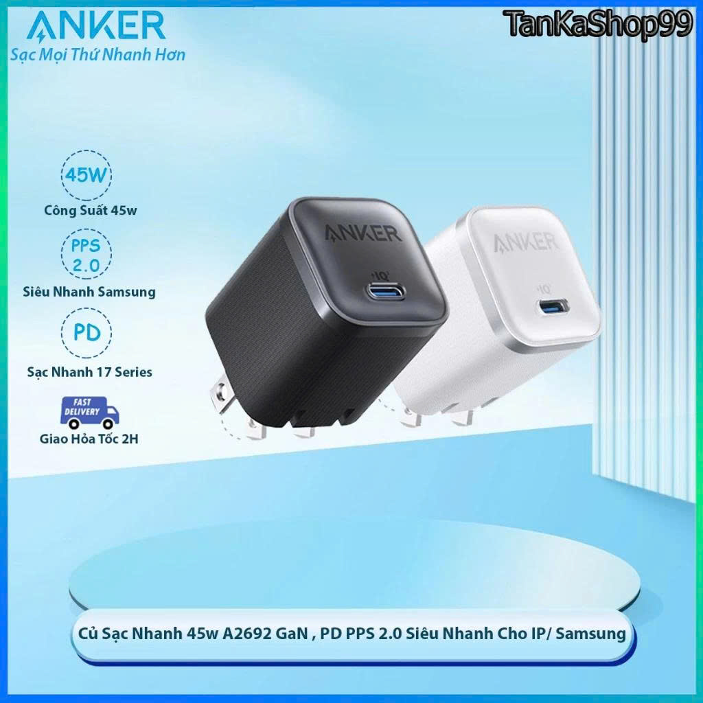 Adapter Củ Sạc Nhanh Anker Nano A2692 45W – GaN PowerIQ 3.0, PPS, USB-C Siêu Nhỏ Gọn. Hàng Nhập Khẩu
