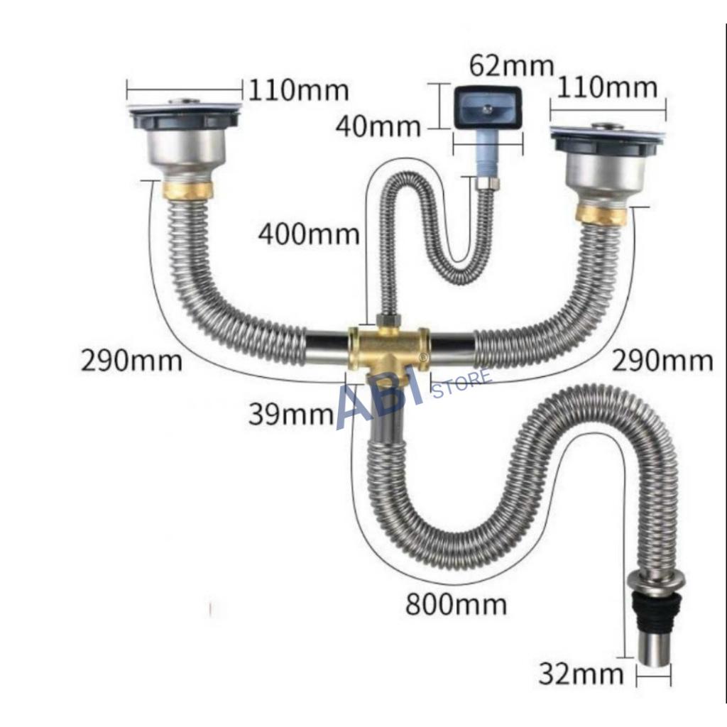 Bộ xi phông đồng chậu rửa bát đôi chống chuột, chịu nhiệt hàng dày, xi phông bồn rửa inox 2 hố 110mm cao cấp