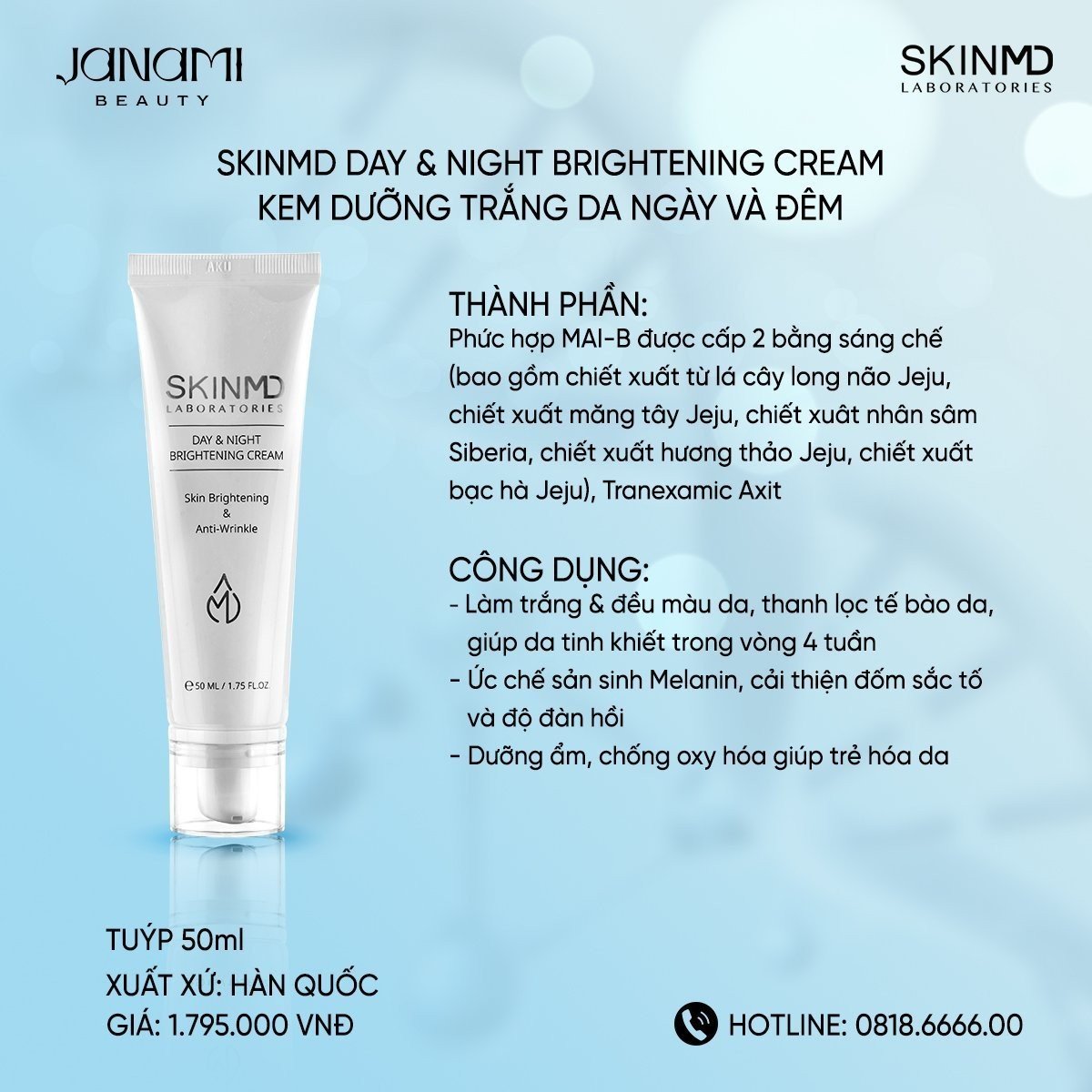 Combo mờ nám chuyên sâu SKINMD DAY &amp; NIGHT BRIGHTENING CREAM 50g và SKINMD PURE WHITENOL INTENSIVE CREAM 15g giúp dưỡng trắng da, mờ đốm sắc tố