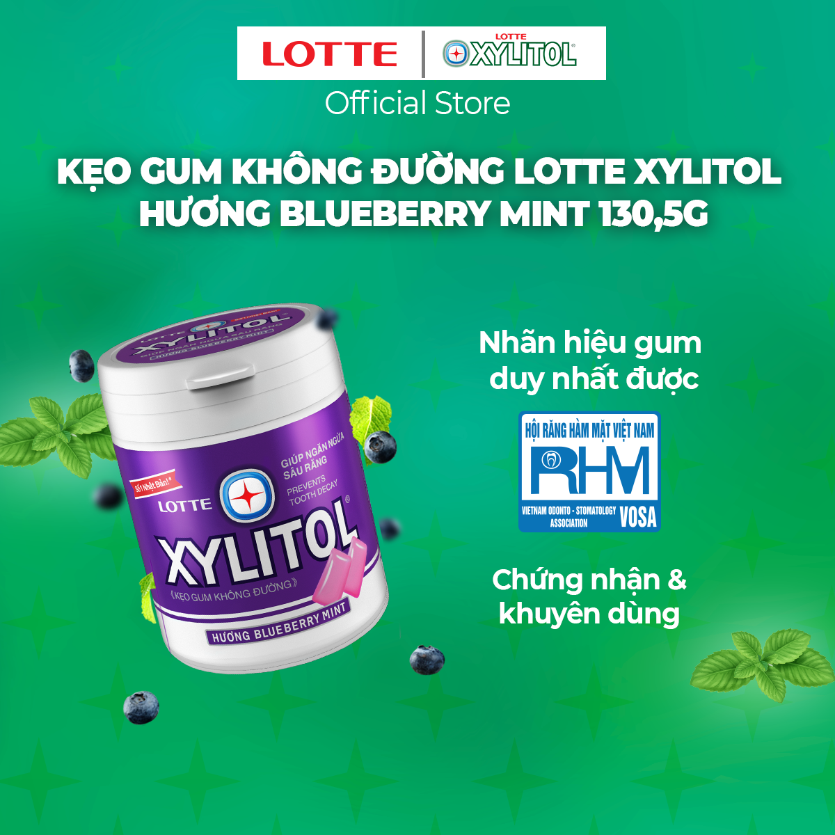 Combo 6 hũ Kẹo Gum không đường Lotte Xylitol - Hương Blueberry Mint 130,5 g