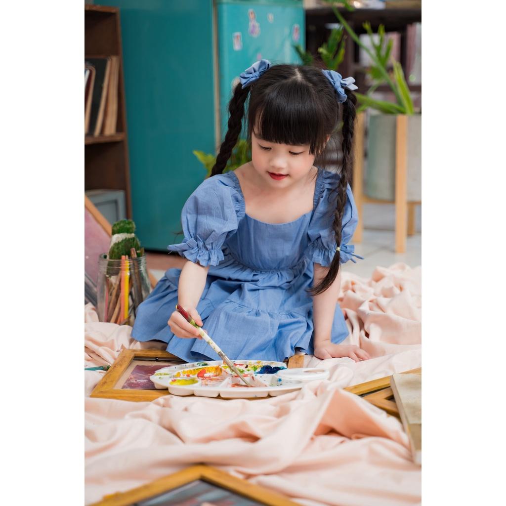 Váy đầm tay bo babydoll mầu xanh đậm cho bé gái Sora Chan - M005