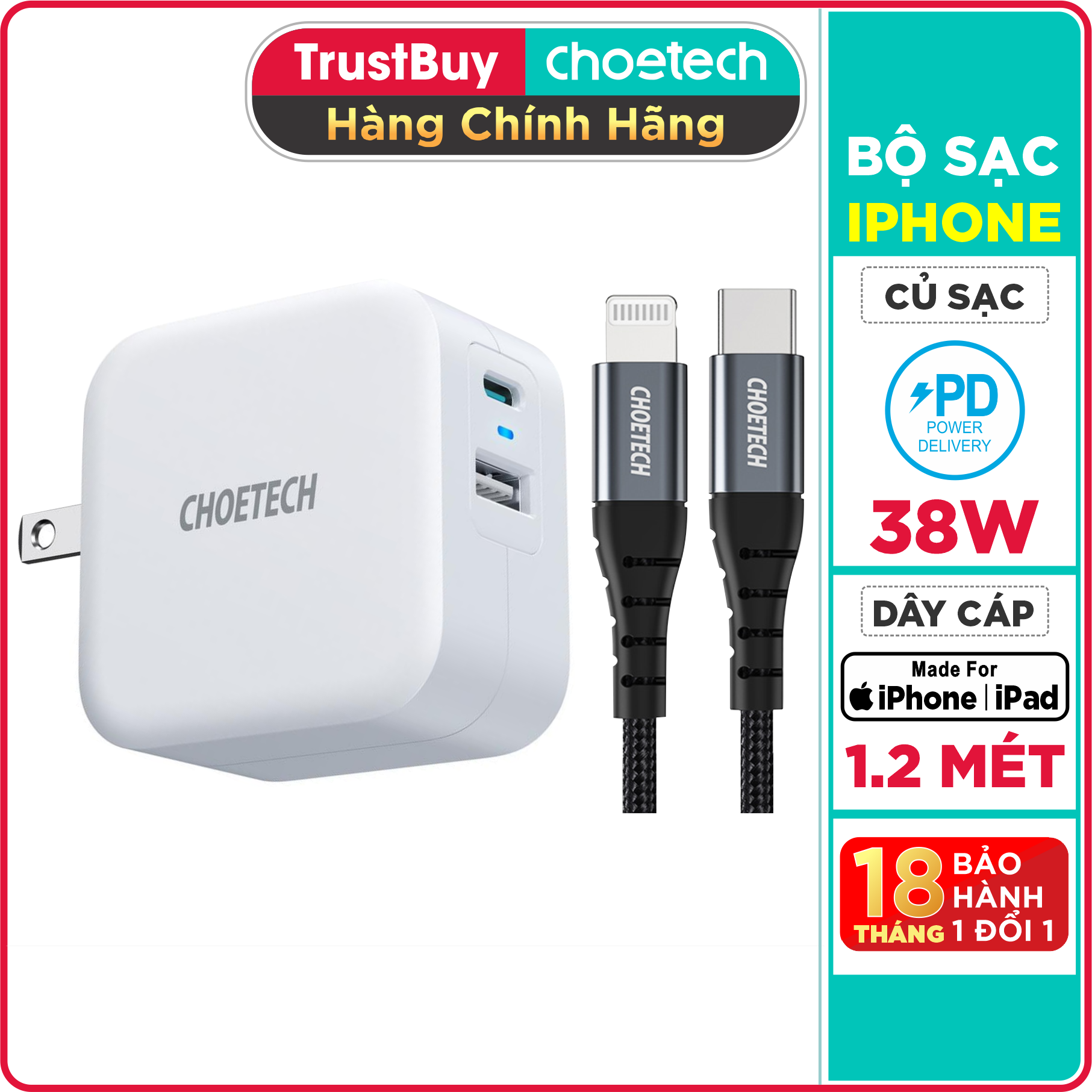 Bộ Củ Sạc CHOETECH QC 3.0 & PD 3.0 38W PD5002-W + Cáp Type C To Lightning MFI Apple 1.2M IP0039 Sạc Nhanh Cho iPhone - Hàng Chính Hãng