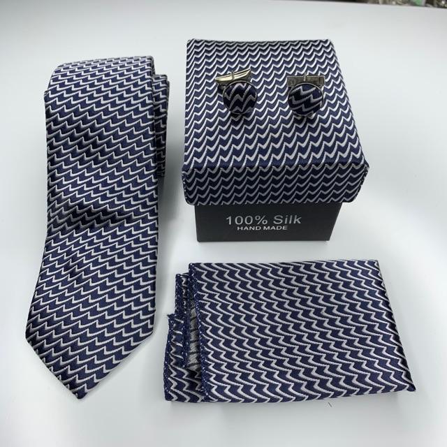 Cà vạt nam 6cm hộp cà vạt + khăn + khuy áo xanh đen kẻ trắng sóng GiangPKC
