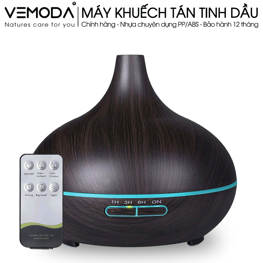 Máy xông tinh dầu cao cấp Bầu Tiên. Dung tích 550ml Có Remote. Tặng kèm lọ tinh dầu Cam ngọt Vemoda cao cấp Đức 10ml - Vân gỗ sáng