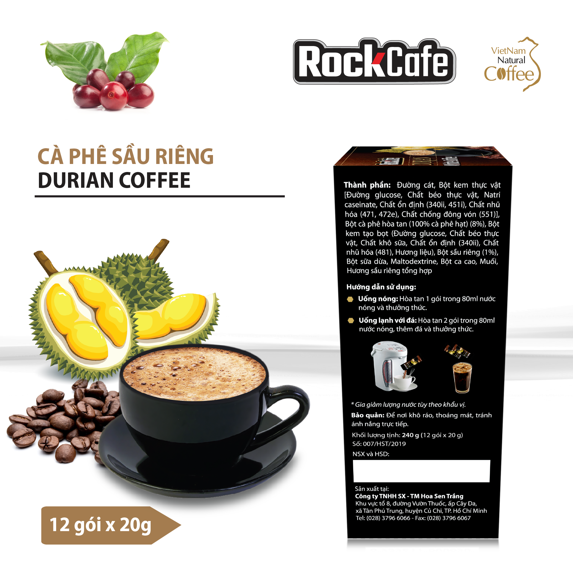 Hộp 12 gói Cà phê Sầu riêng ROCKCAFE (20g/gói)