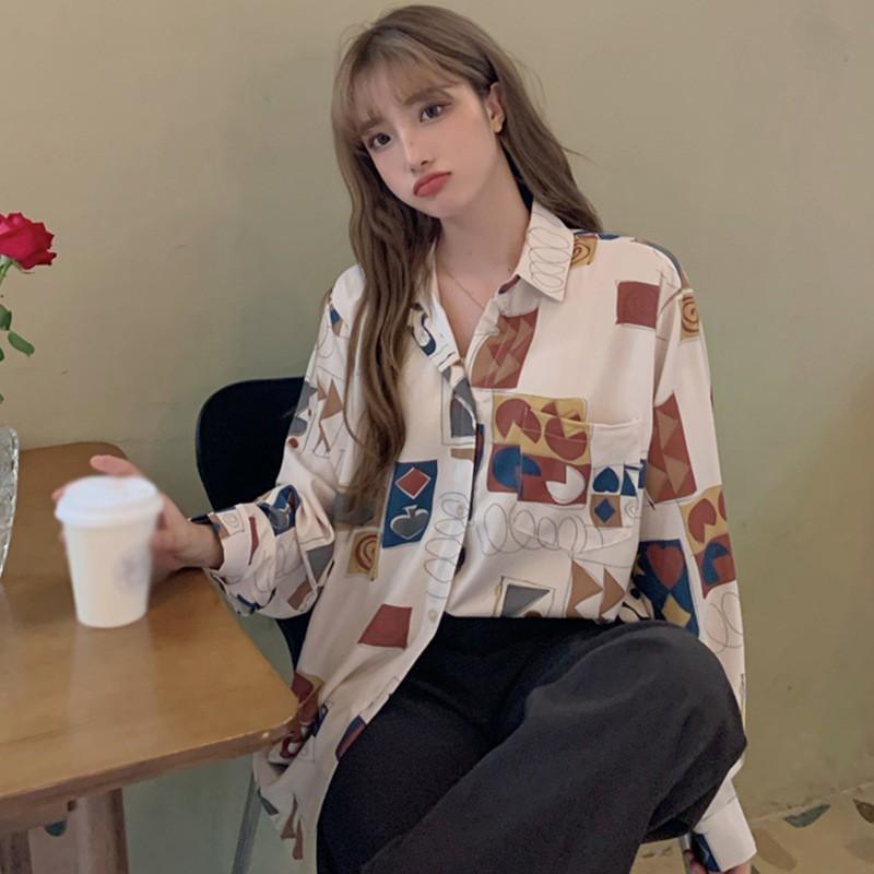 Áo Sơ Mi Tay Dài Form Rộng In Họa Tiết Phong Cách Retro Cho Nữ