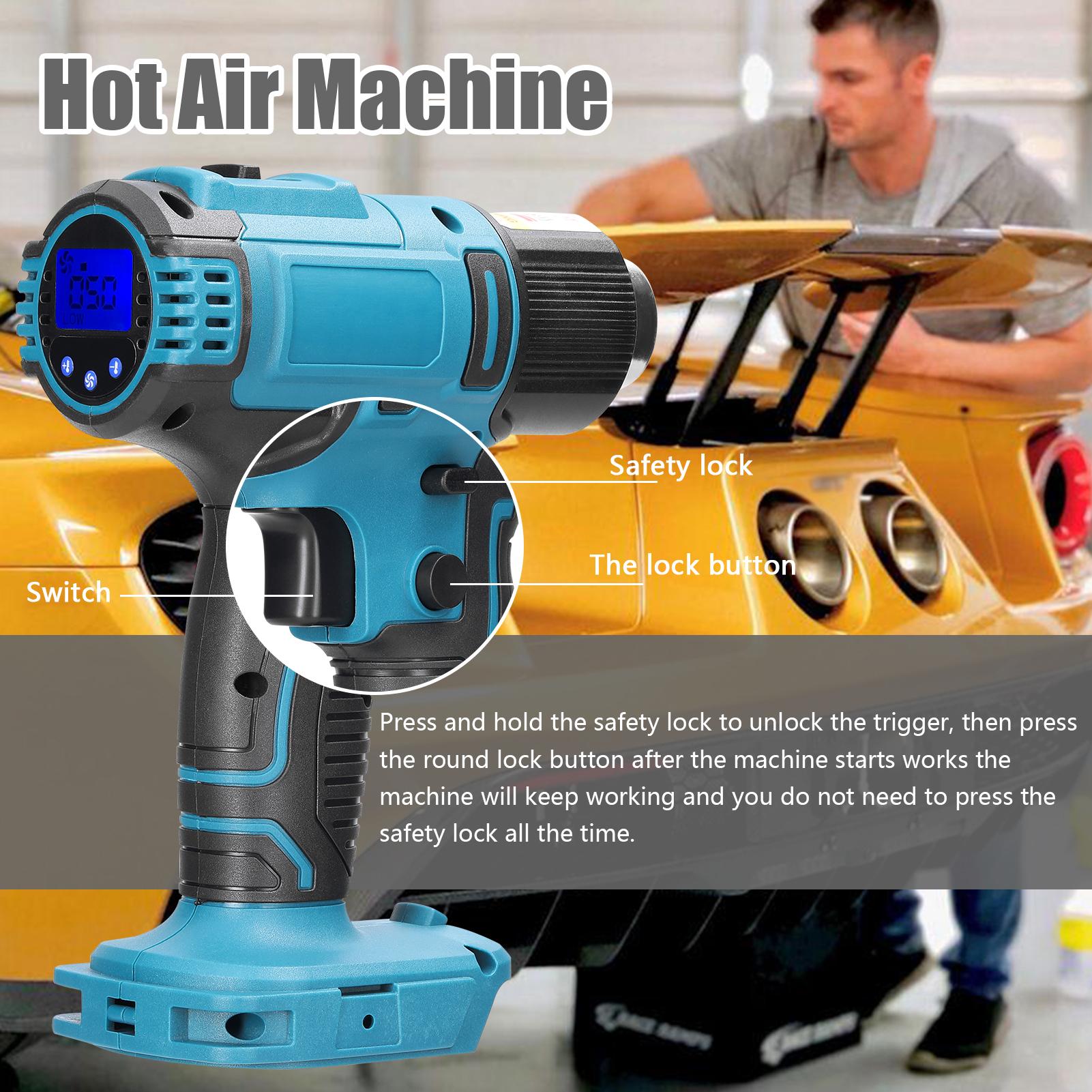 Cordless Handheld Hot Air Machine Digital Display Lithium Rechargeable Heating Equipment 50-300℃ Temperature Adjustable Power Tool with 4 Nozzles Compatible with Makita Lithium Battery