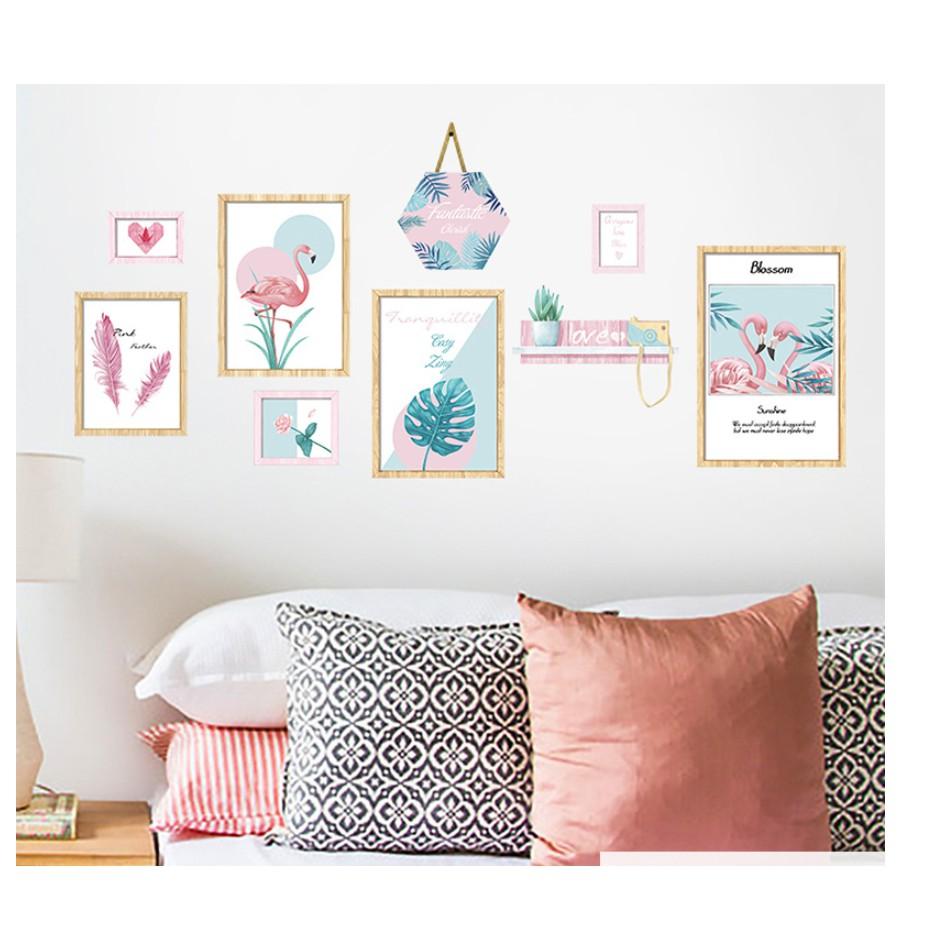 Decal trang trí tường Khung tranh cò hoa lá hiện đại