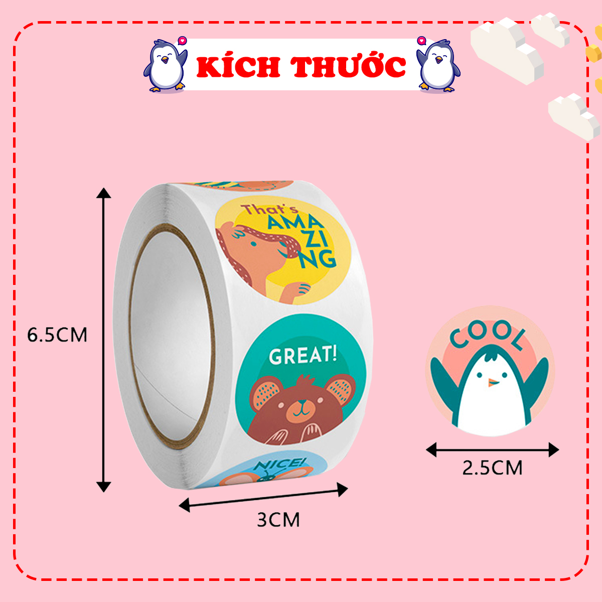 Cuộn 500 sticker nhãn dán khích lệ khen thưởng học tập cho bé yêu với nhiều họa tiết kèm slogan khiến những giờ học thêm sinh động – ST010