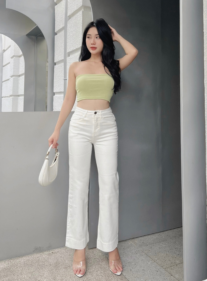 Quần suông đứng nữ màu trắng lưng cao co giãn vải xuất chính cống HQJeans thiết kế HQ71