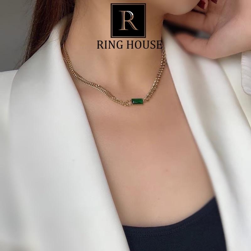 Dây Chuyền Vòng Cổ Nữ Titan Không Gỉ Đá Xanh Sang Trọng Ring House Mệnh Mộc