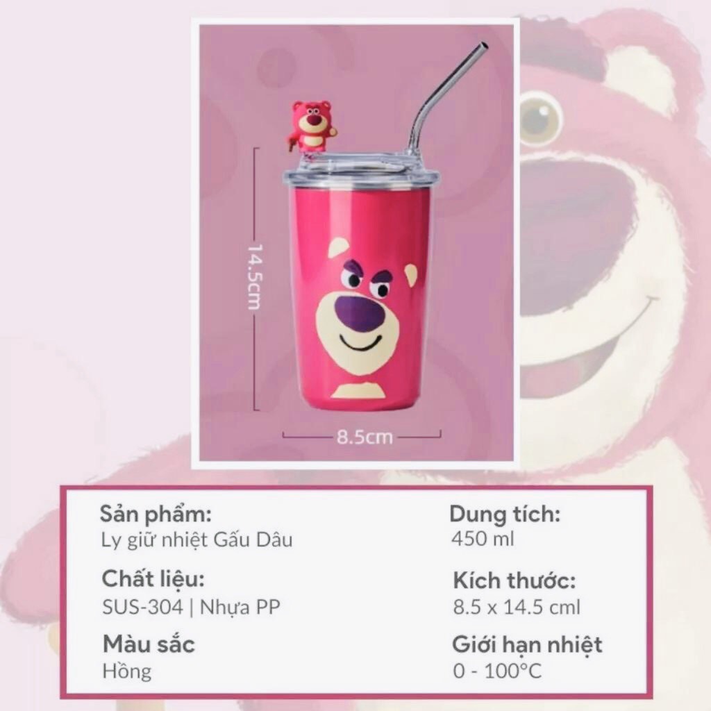 LY CỐC GIỮ NHIỆT GẤU DÂU LOSTO - BÌNH GIỮ NHIỆT SIÊU XINH LÕI INOX 304 CHỐNG GỈ 450ML