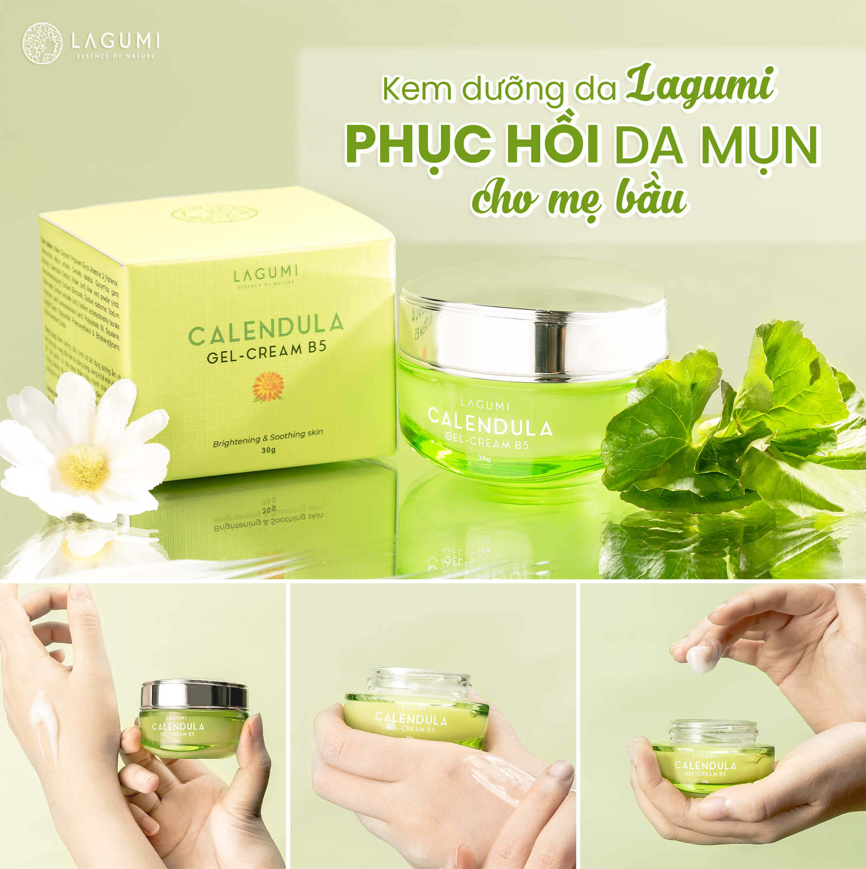 Kem dưỡng Lagumi cho da dầu, mụn với B5, Calendula cấp ẩm, giảm mụn, giảm thâm an toàn cho mẹ bầu và sau sinh