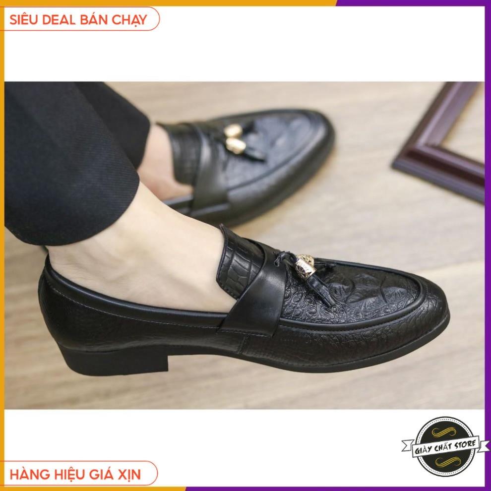 GIÀY LƯỜI DA NAM GIÁ RẺ - DẬP VÂN CÁ SẤU CÓ CHUÔNG VÀNG - ĐẾ CAO 3CM - MÃ L184