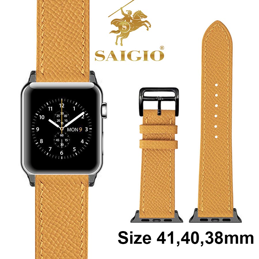 Dây Đồng Hồ Apple Watch 41mm 40mm 38mm, Chất Liệu Da Bê EPSOM Thảo Mộc Cao Cấp, Nhập Khẩu Từ Châu Âu, Dây Đeo Phong Cách Hiện Đại và Sang Trọng, Tương Thích Các Phiên Bản Series 8/7/6/5/4/3/2/1/SE/SE2 - Vàng - ADAPTER ĐEN