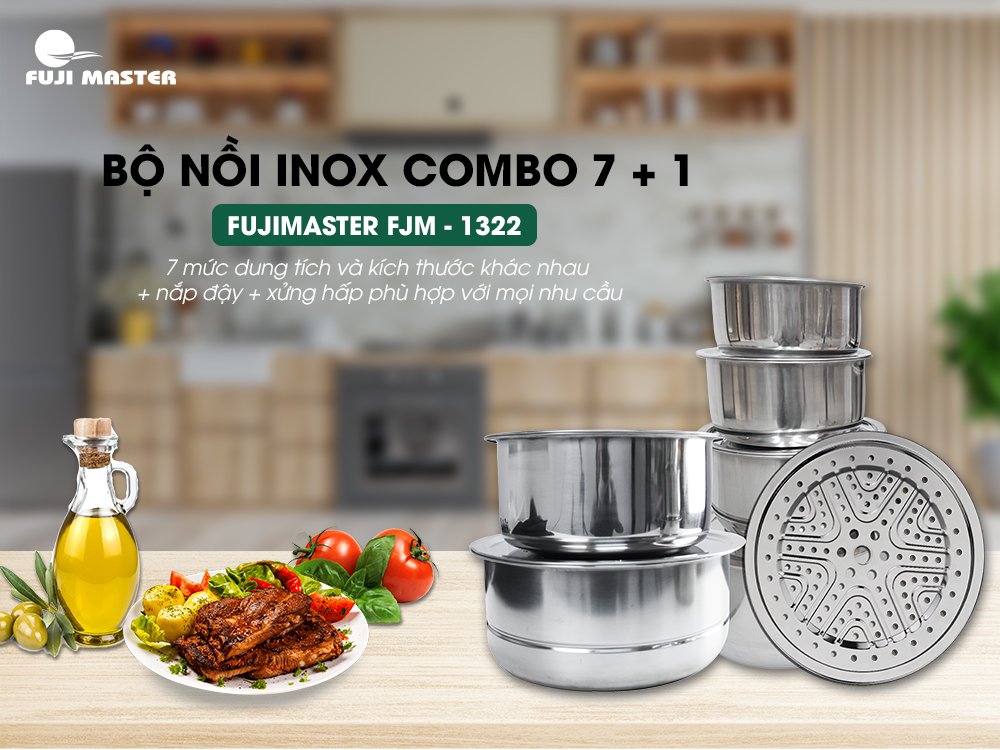 Bộ Nồi Inox Cao Cấp Fuji Master FJM-1322 - Gồm 7 Nồi Có Nắp (1 đáy dày 1mm)+ Tặng Kèm 1 vỉ hấp đường kính 29cm - Sử Dụng Cho Mọi Loại Bếp