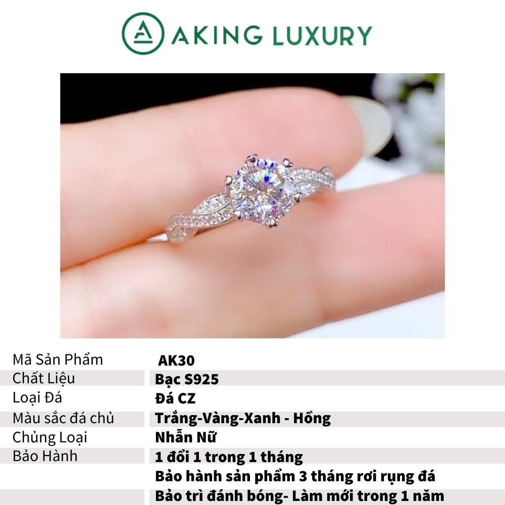 Nhẫn bạc nữ AKING LUXURY AK30 cao cấp, Nhẫn nữ 2 hàng đá xoắn lại với nhau tôn lên viên đá chủ tạo nữ tính sang trọng