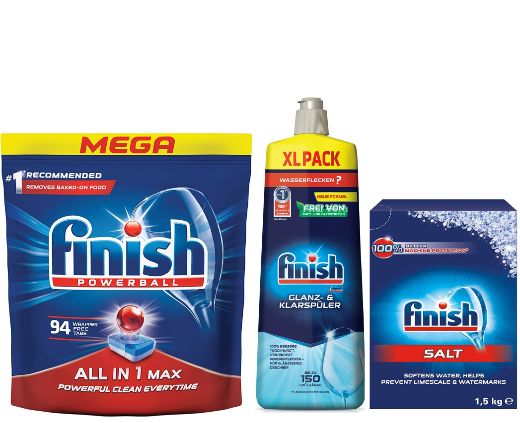 Combo 94 Viên rửa bát Finish All in 1 + Muối Finish 1,5kg + Nước làm bóng Finish 750ml