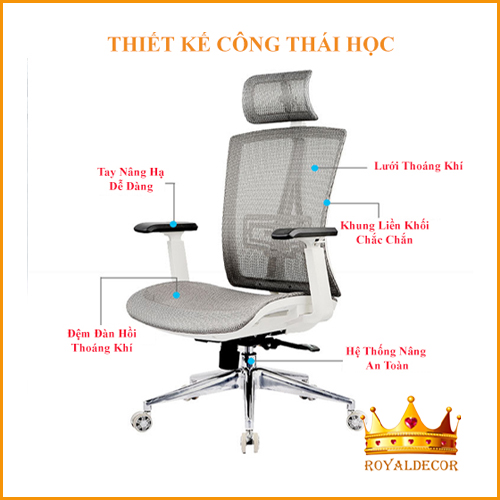 Ghế Xoay Văn Phòng Ngồi Máy Tính, Ghế Làm Việc Công Thái Học Cao Cấp Có Thiết Kế Dạng Lưới Ở Lưng Thoáng Mát, Ngồi Thoải Mái Làm Việc Cả Ngày ( Màu Đen, Màu Trắng) - RoyalDecorHN