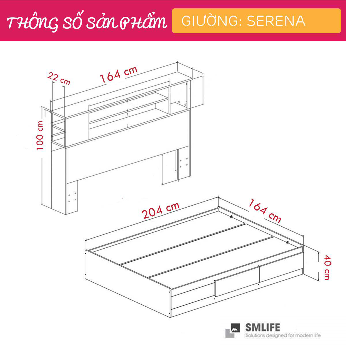 Giường gỗ có ngăn kéo hiện đại SMLIFE Serena