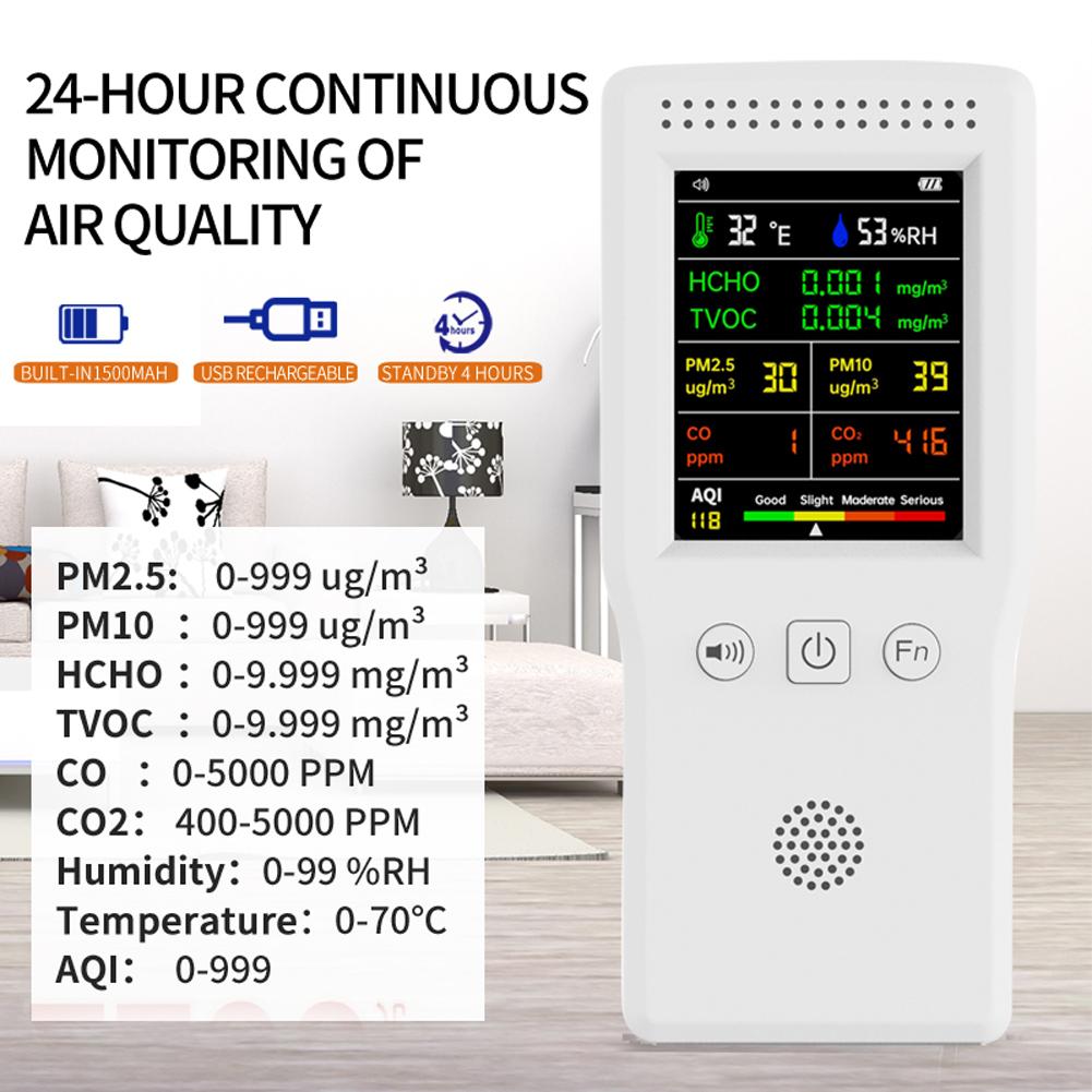 Máy Dò Chất Lượng Không Khí Di Động Cầm Tay Nhiệt Độ 9 Trong 1 Độ Ẩm PM2.5 PM10 HCHO TVOC CO CO2 AQI Máy Dò Chất Lượng Không Khí Đa Chức Năng Màn Hình Màu LCD Có Đèn Nền
