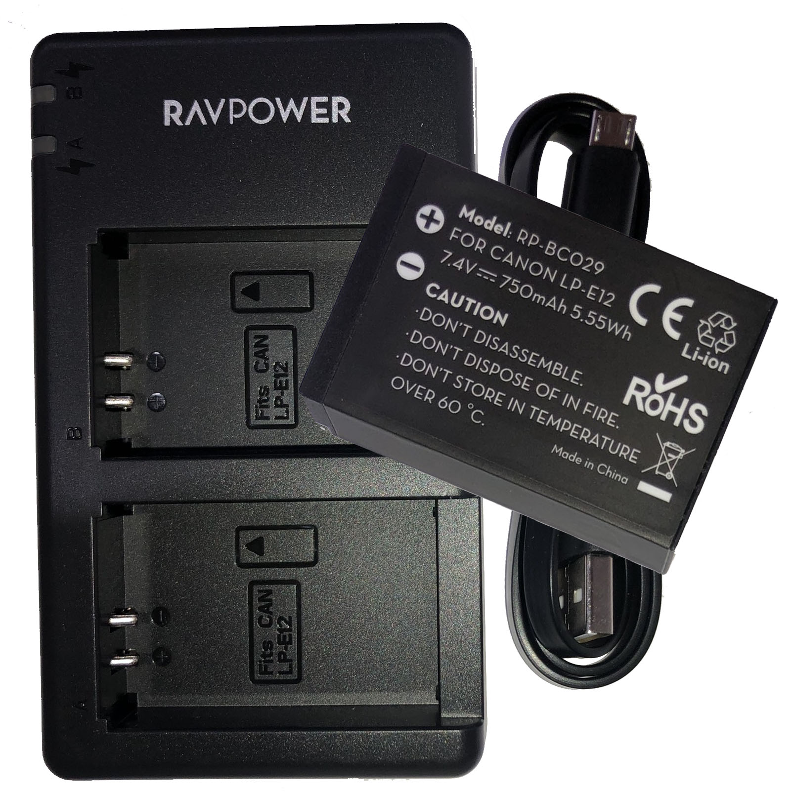 Bộ 2 Pin + Sạc Đôi RAVPower RP-BC029 Canon LP-E12 Cho Canon EOS M10, EOS M6, EOS M50, EOS M100, EOS M200, EOS 100D, EOS 200D, EOS 250D