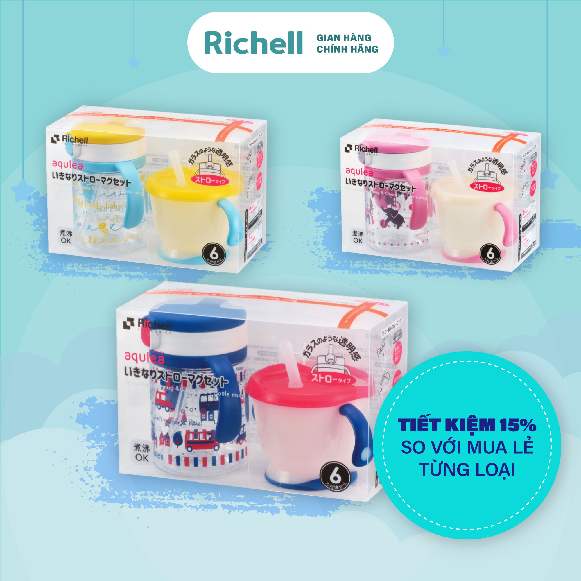 Bộ cốc tập uống 3 giai đoạn AQ & bình ống hút AQ Richell Nhật Bản | Baby
