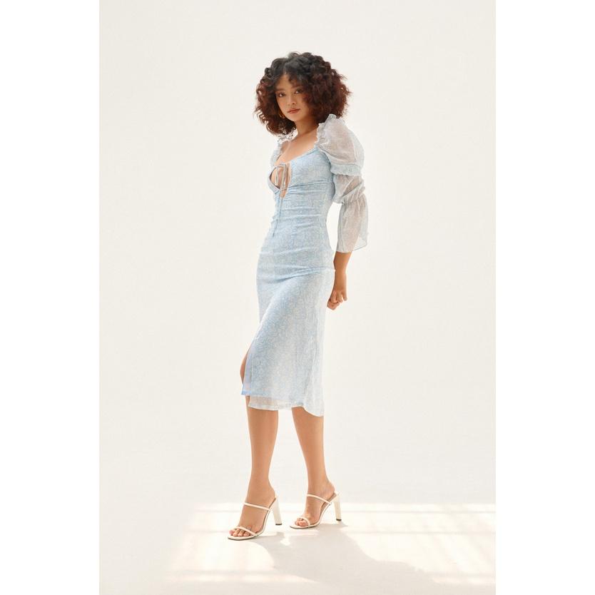 Nene Clothing - Đầm hoa midi xanh tay bồng xẻ tà