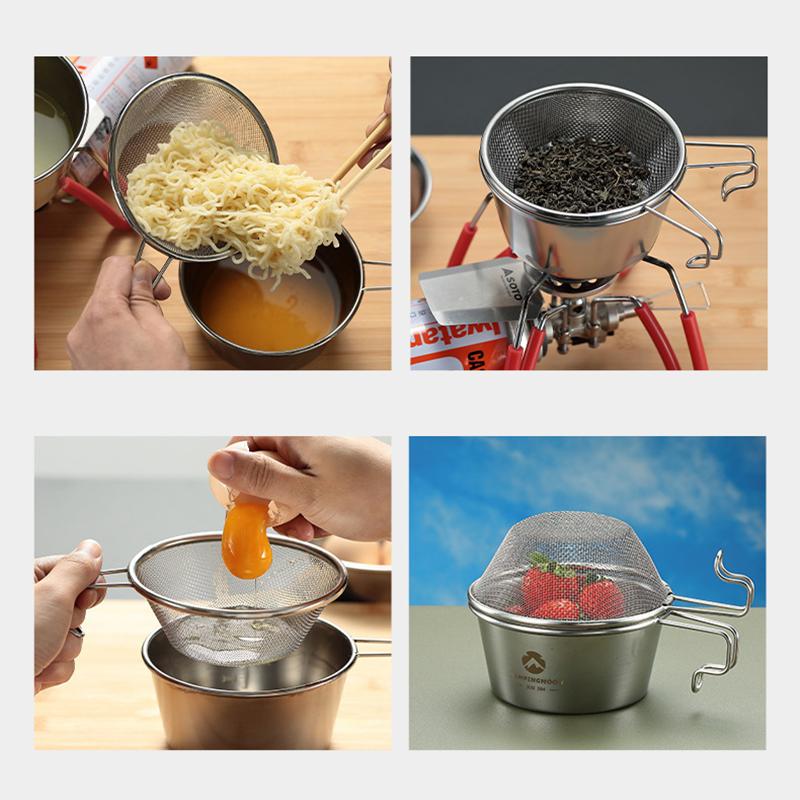 CAMPINGMOO 4-in-1 450ml Stainless Steel Sierra Cup Bowl Kit with Mesh Strainer Lid and Storage Bag for Camping Hiking