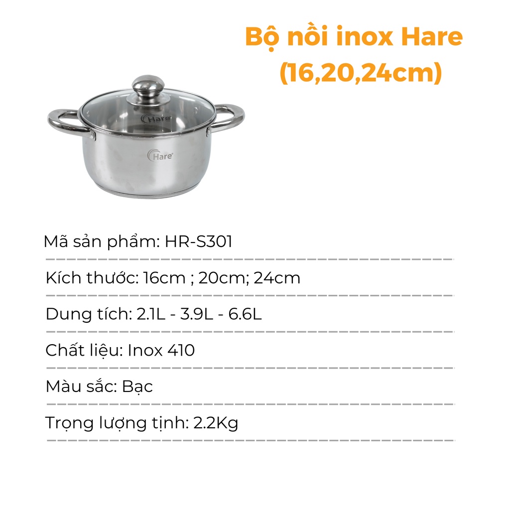 Bộ nồi inox đáy từ HR-S301 (16,20,24cm) - thương hiệu Hare -  lỗi 1 đổi 1