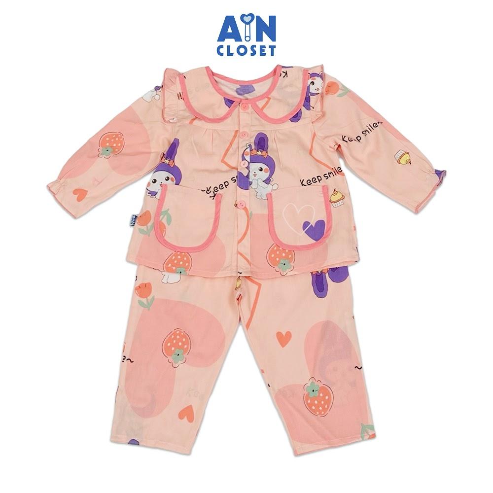 Bộ quần áo Dài bé gái họa tiết Thỏ Dâu Hồng Lanh lụa - AICDBGHTSWSO - AIN Closet