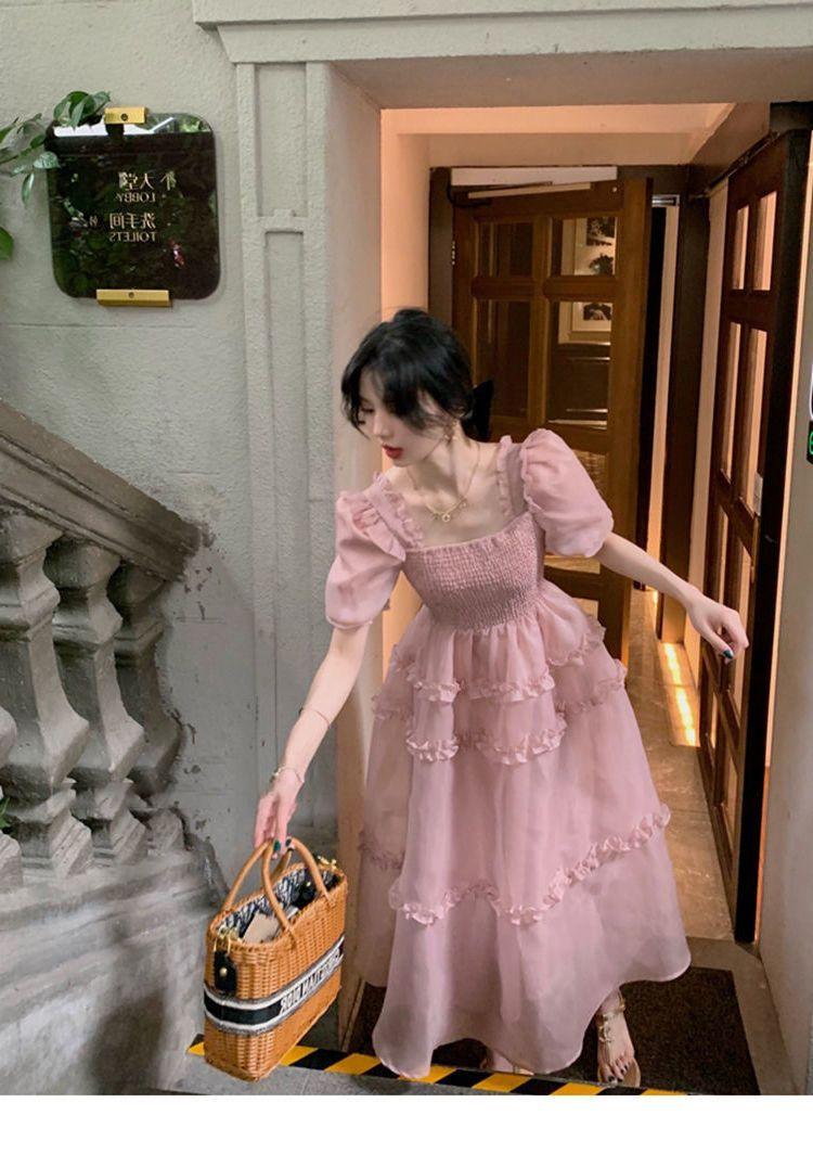 TOBE1SHOP Váy màu hồng nàng tiên Pháp ren Bouffant váy công chúa váy bánh váy lưới nàng tiên thắt lưng đầm