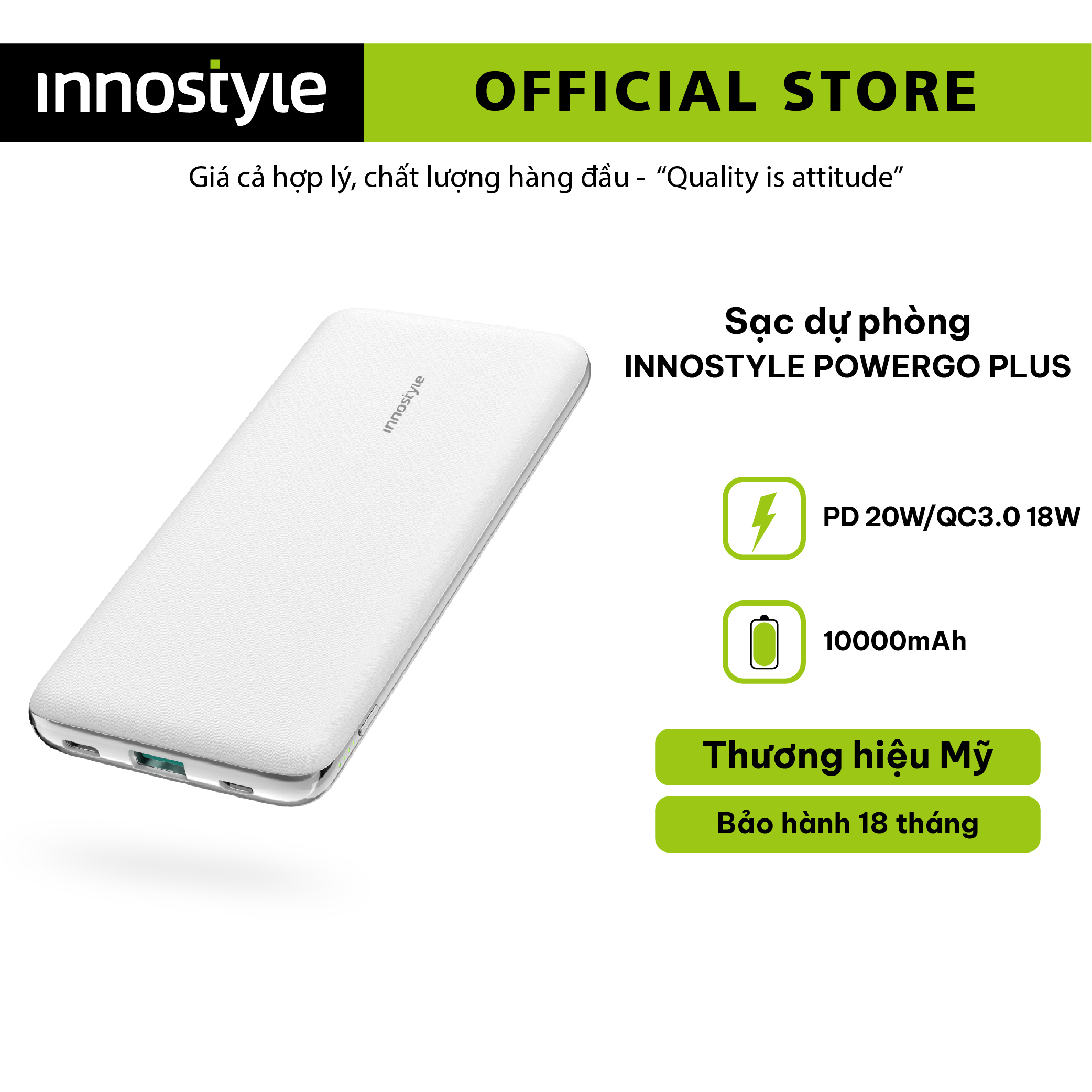 Pin Sạc Dự Phòng Innostyle Powergo Plus 10000MAH Tích Hợp Type-C In/Out Hỗ Trợ Sạc Nhanh PD Power Delivery 18W + QC Quick Charge 3.0 18W - Hàng Chính Hãng