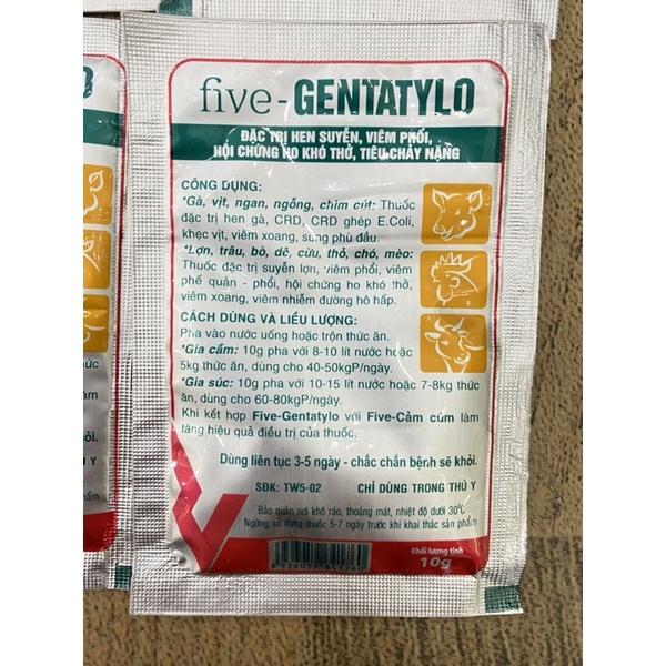 1 gói FIVE-GENTATYLO điều tri hen suyễn, viêm phổi, ho khó thở, ỉa chảy nặng cho trâu bò lợn gà chó mèo