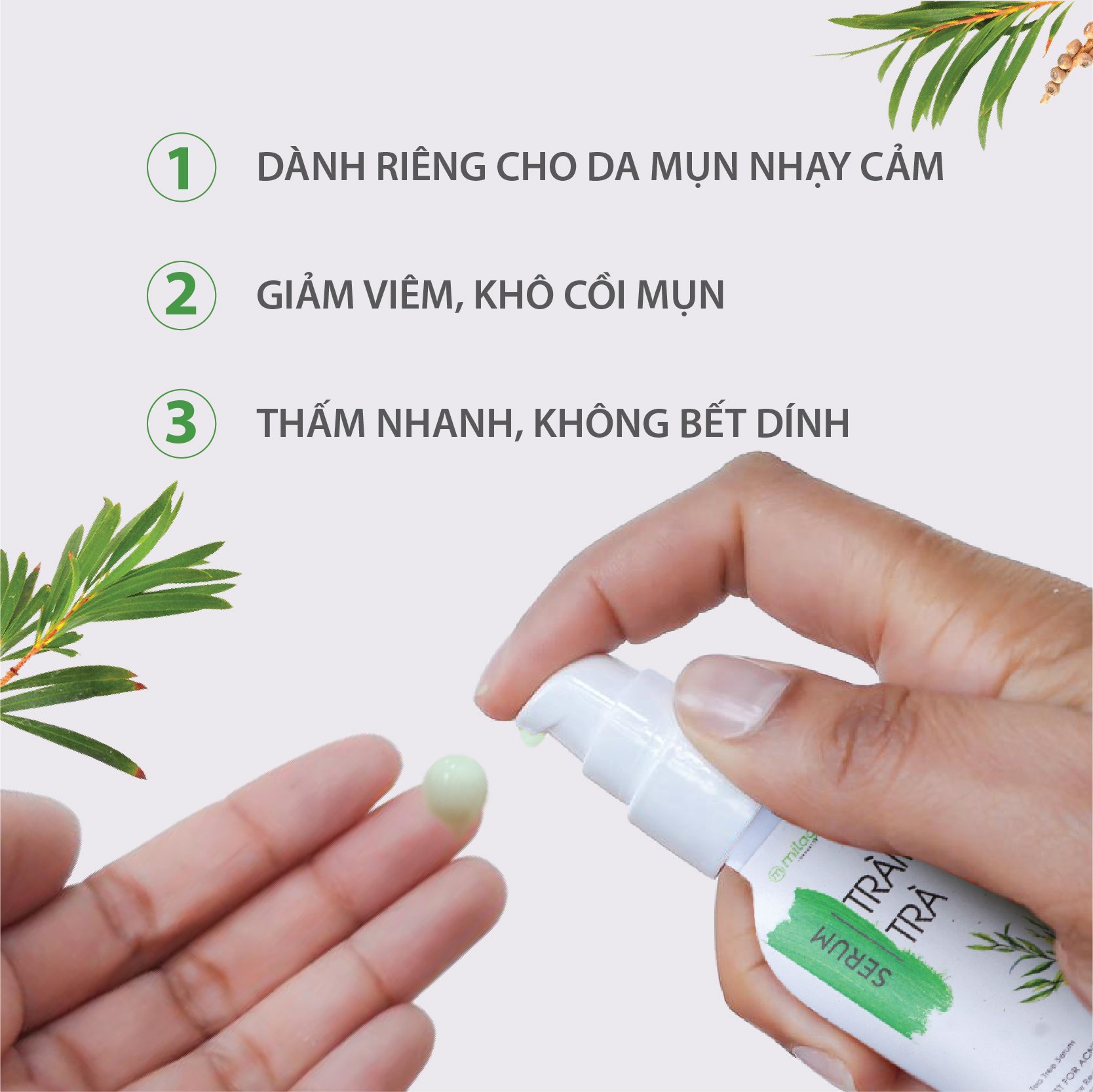 Serum Tràm Trà Ngăn Ngừa &amp; Làm Khô Vết Nhân Mụn, Giảm Viêm Từ Tinh Dầu Tràm Trà Nguyên Chất MILAGANICS 30ml (Chai)