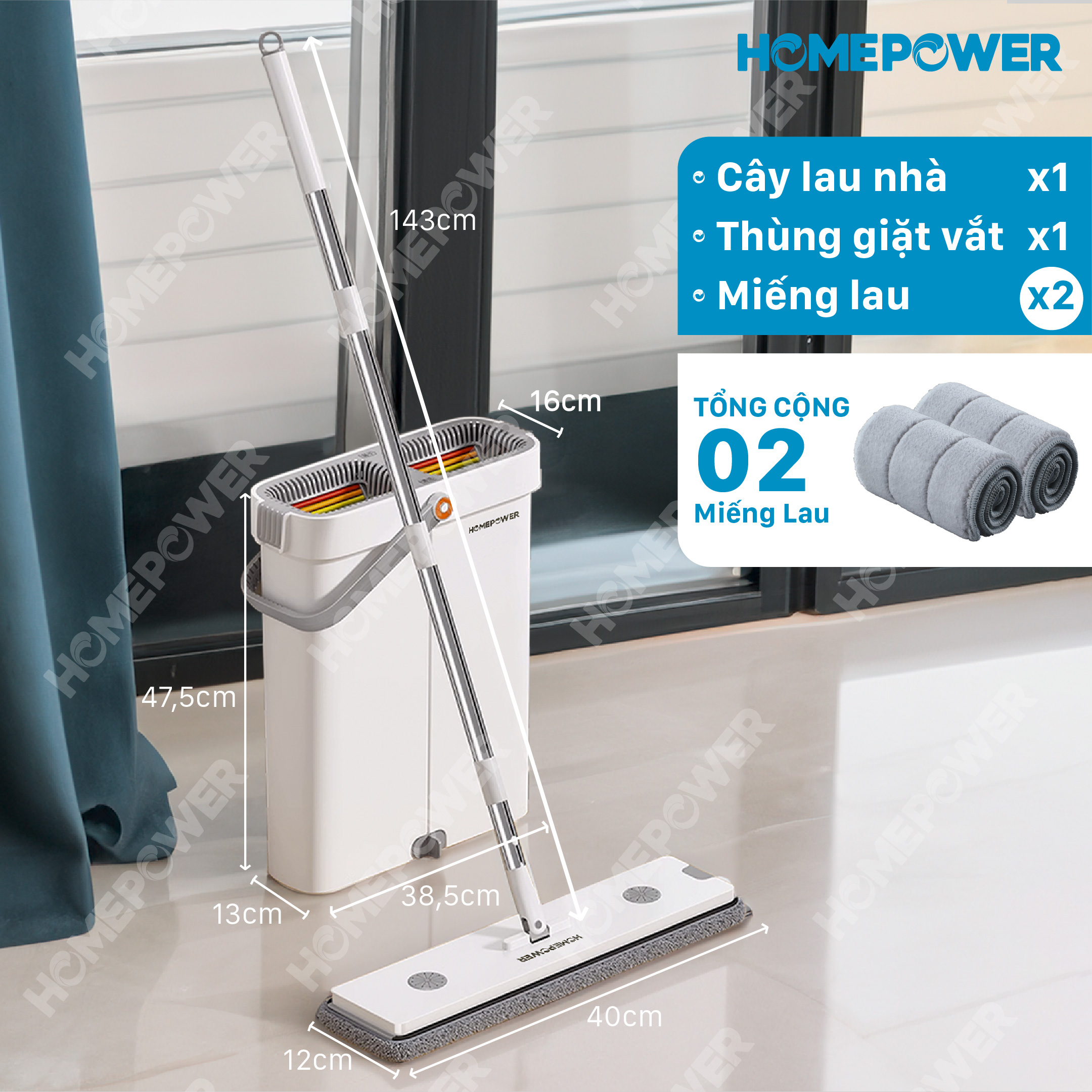 Cây Lau Nhà Tự Vắt Homepower BS-03, Bộ Chổi Lau Nhà Space Saving, 4 Hệ Thống Làm Sạch Mới Gạt Rác, Vắt Khô, Vắt Siêu Khô