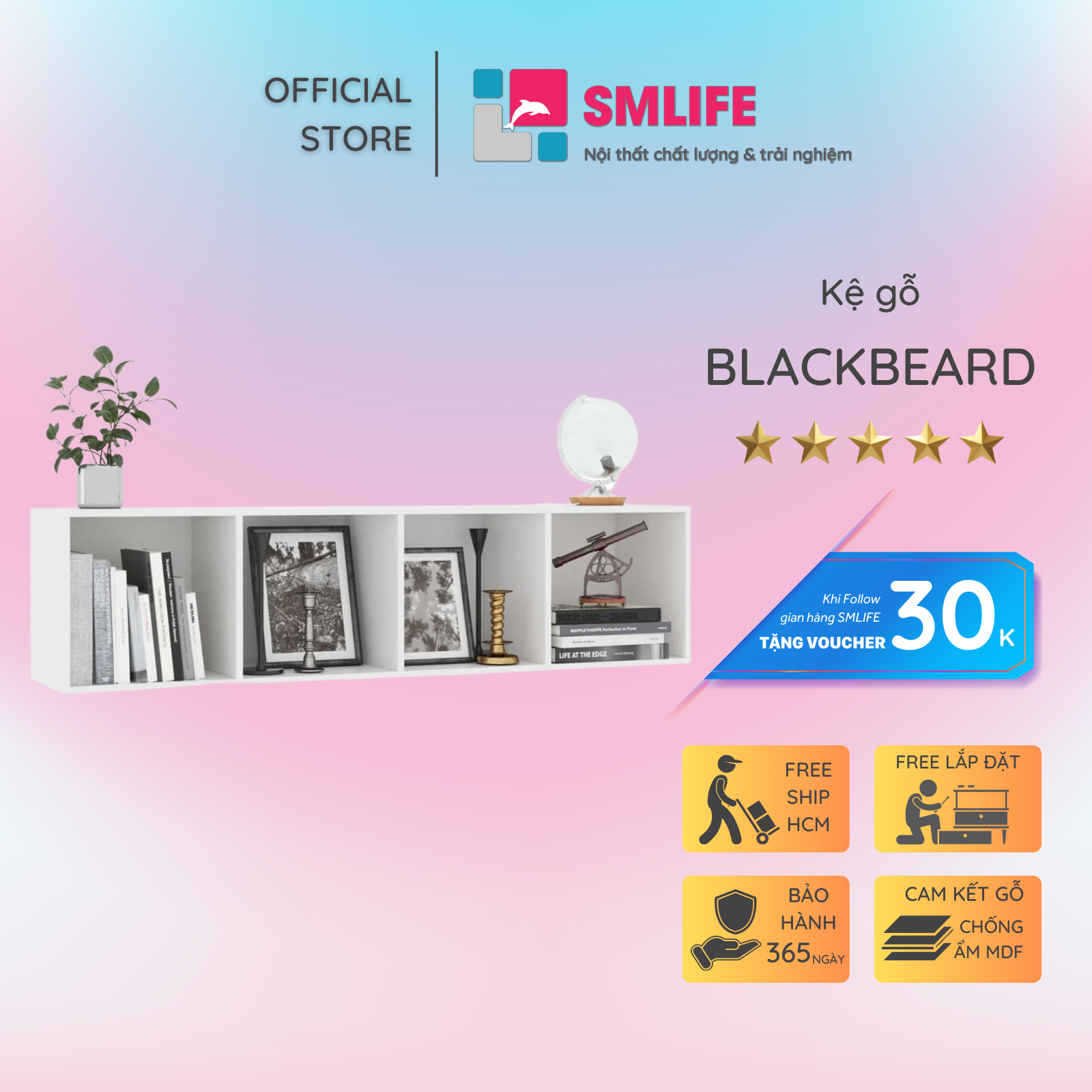 Giá sách bằng gỗ chất lượng cao và tiện dụng SMLIFE Blackbeard