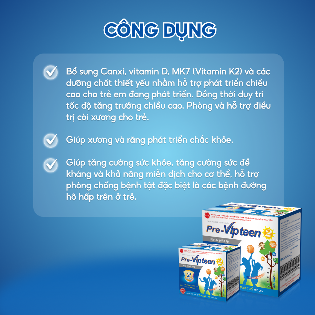 Cốm Pre-Vipteen 2 Bổ Sung Canxi Tăng Chiều Cao, Tăng Sức Đề Kháng Phát Triển Thể Lực Cho Trẻ Hộp 20 Gói
