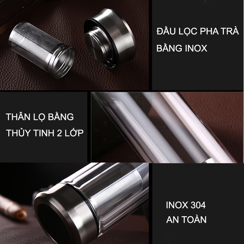 Bình lọc pha trà giữ nhiệt thủy tinh 2 lớp 2 đầu bằng inox 304