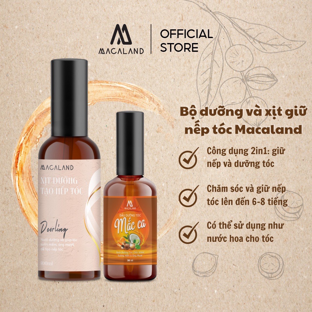 Combo dầu dưỡng tóc 30ml và xịt giữ nếp tóc 100ml óng mượt cả ngày dài MACALAND