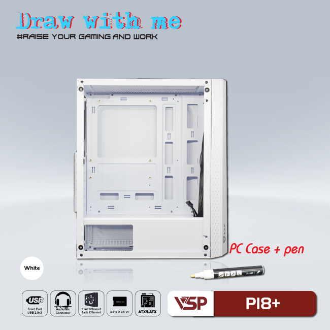 Vỏ máy tính Case VSP P18+ [TRẮNG] kèm bút dạ quang ~ kính cường lực (Không FAN - ATX, Micro-ATX, ITX) - Hàng chính hãng TECH VISION phân phối