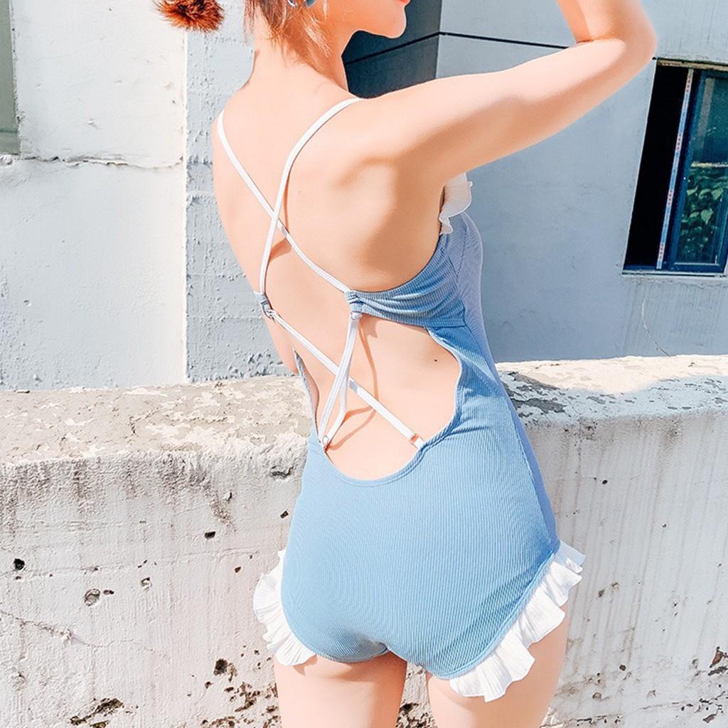 Bikini Đồ Bơi Một Mảnh Phối Viền Bèo Blue Pastel Hàn Quốc Cao Cấp Chất Thun Gân Co Giãn 4 Chiều Che Khuyết Điểm Tôn Dáng
