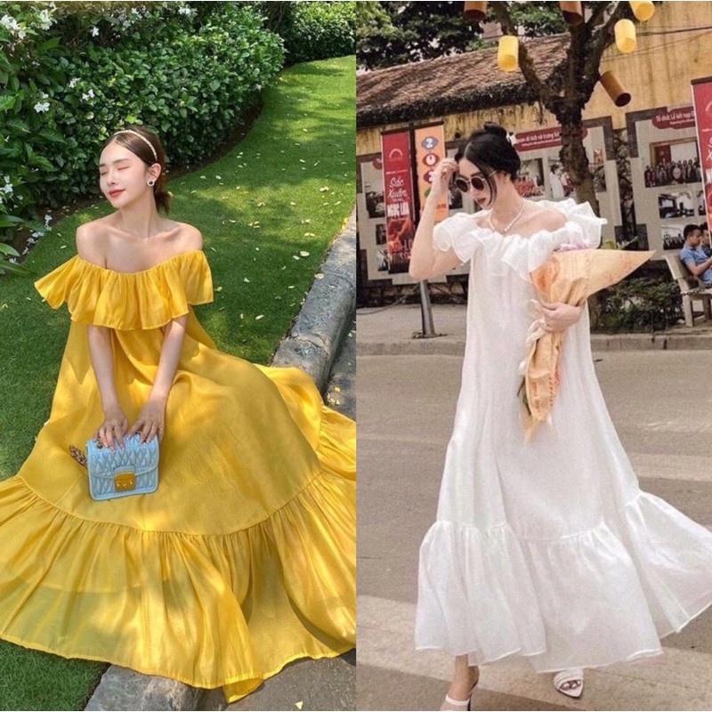 Váy đầm maxi bèo trễ vai 6 màu siêu xinh thải dáng đẹp 2 lớp có ảnh thật kèm video chất voan lụa mềm mịn mặc nhà đi biển