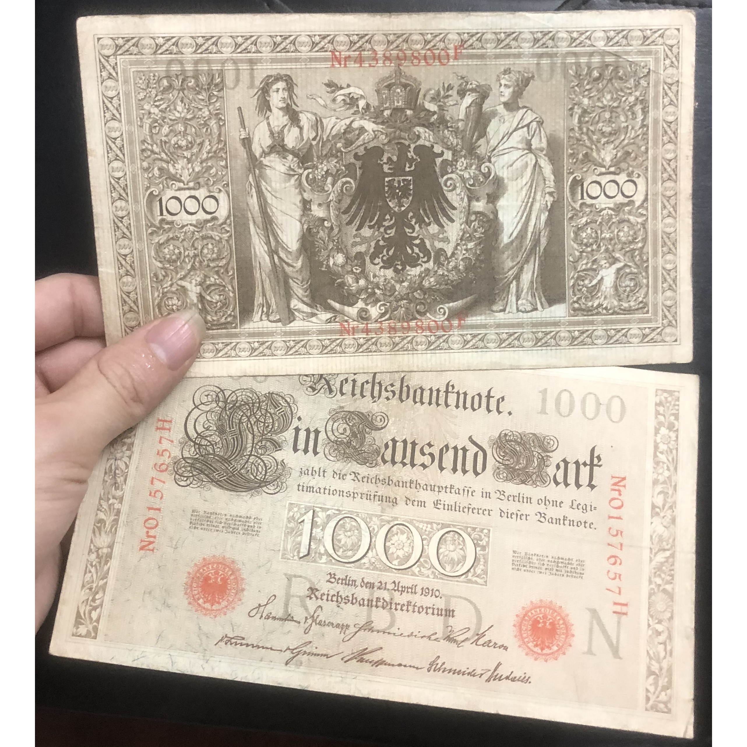 Tiền thế giới 1000 Mark Đức 1910, hơn 100 năm tuổi, khổ lớn sưu tầm, có phơi bảo quản sang trọng đi kèm