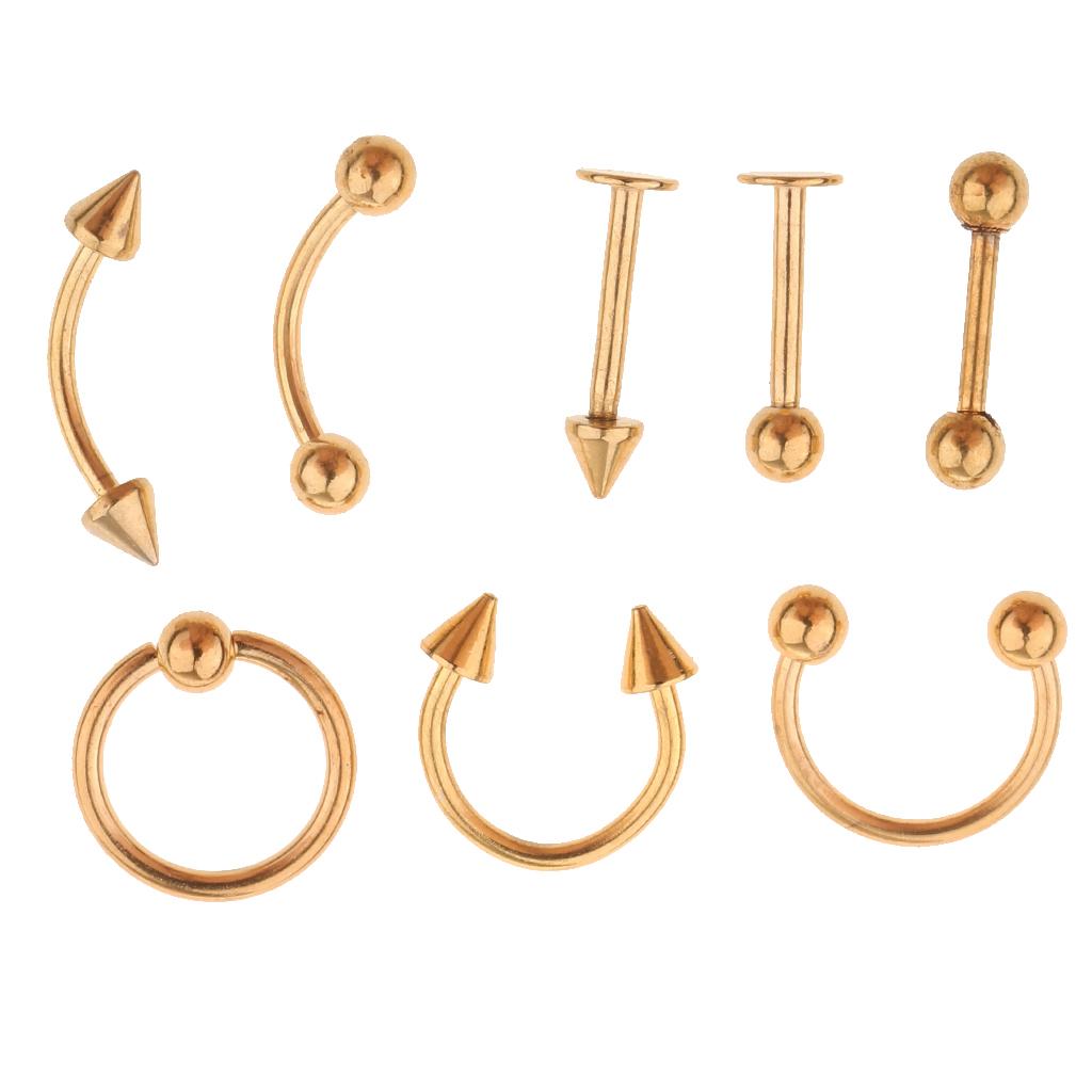 8 Pieces Nose Lip Tongue Eyebrow Tragus Piercing Body Jewelry 16g Gold