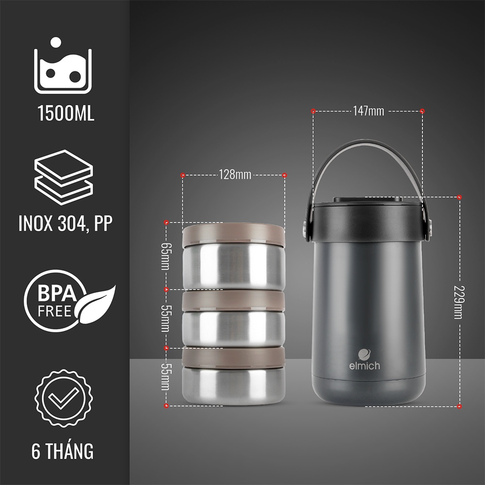 Bộ hộp đựng cơm giữ nhiệt 3 ngăn inox 304 Elmich EL3129 dung tích 1500ml kèm túi xách, xuất xứ Cộng hòa Séc - Hàng chính hãng