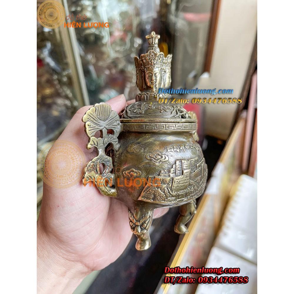 Lư Xông Trầm Màu Nâu Nắp Phật Tứ Diện Cao 15cm Bằng Đồng Hun nguyên Chất