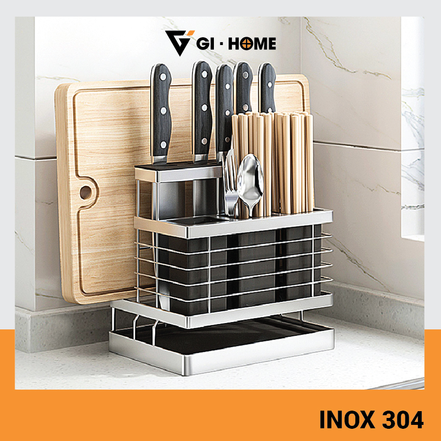 Kệ Để Dao Thớt Kèm 3 Ống Đũa GIHOME Inox 304 Có Khay Hứng Nước Dễ Vệ Sinh