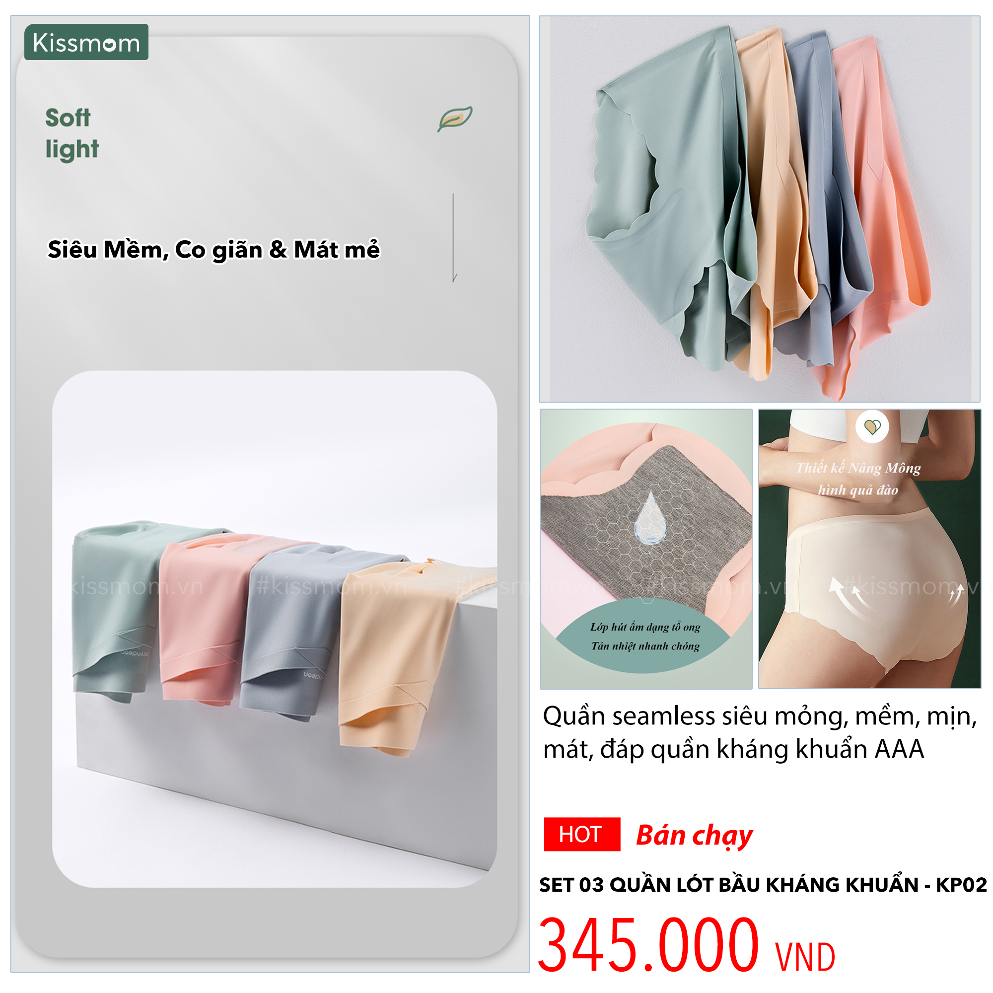 Set 03 Quần Lót Bầu Kháng Khuẩn Seamless Cao Cấp, Quần Cạp thấp, Kháng Khuẩn AAA, Siêu Co giãn, Mỏng, Mát, Thoáng Khí, An toàn cho da nhạy cảm, mã KP02