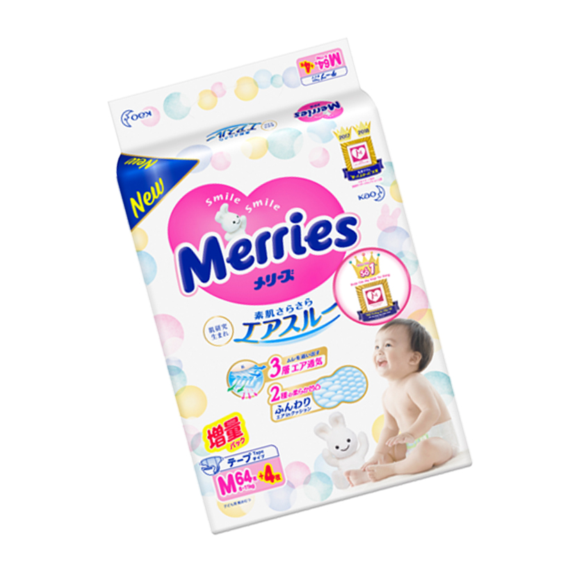 Tã/bỉm dán Merries size M - 64 + 4 miếng (Cho bé 6 - 11kg)